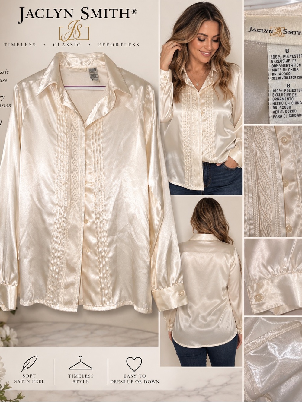 Jaclyn Smith Ivory Satin Button-Down Blouse